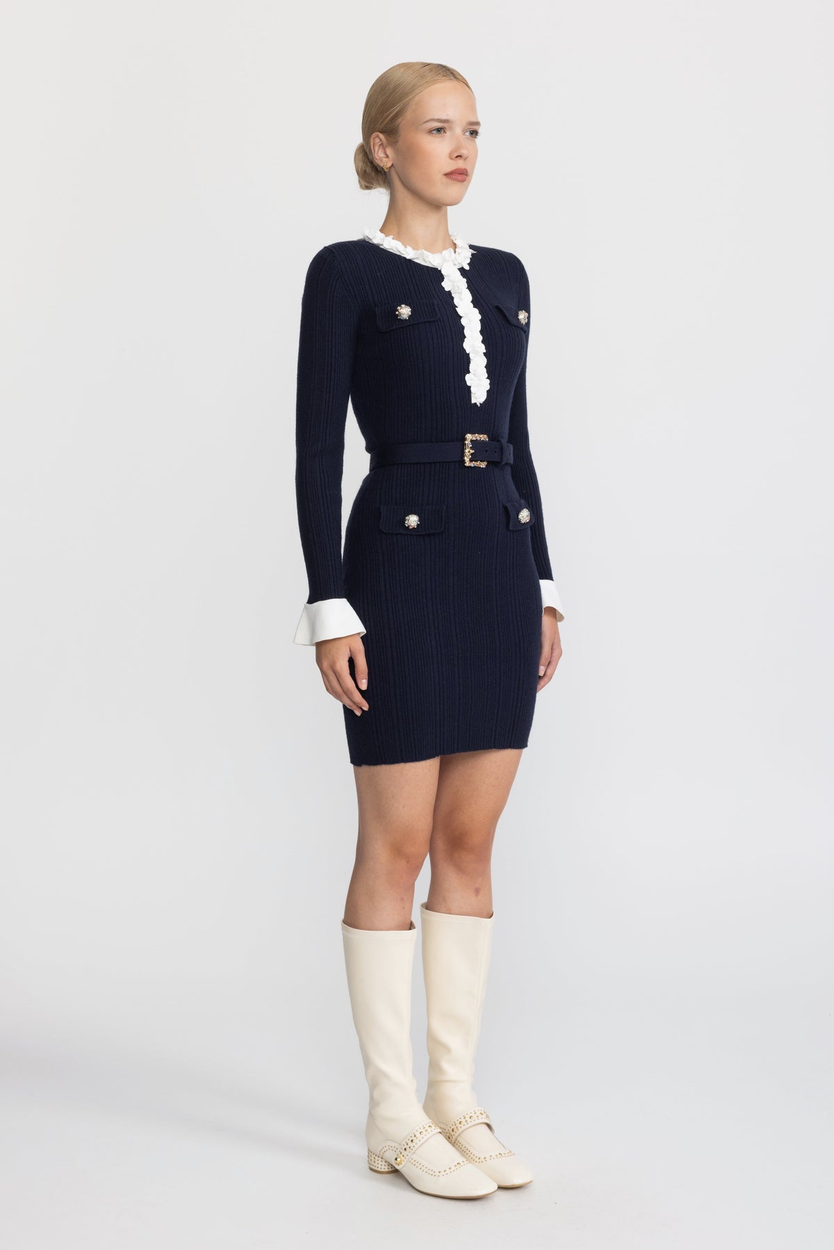 Floral Ruffle Rib Knit Belted Mini Dress - Navy
