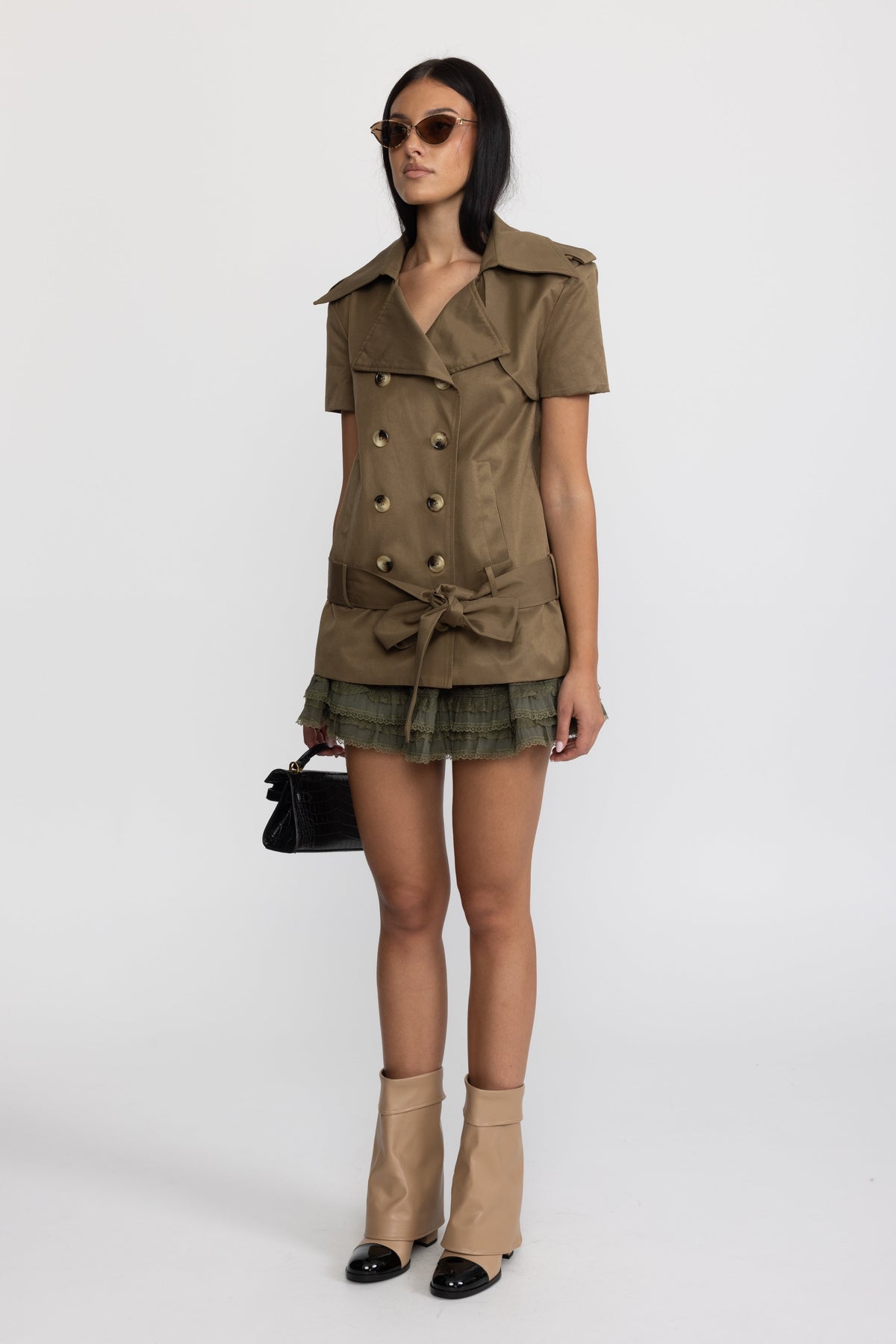 Trench Top and Ruffle Hem Mini Skirt Co-ord Set - Olive