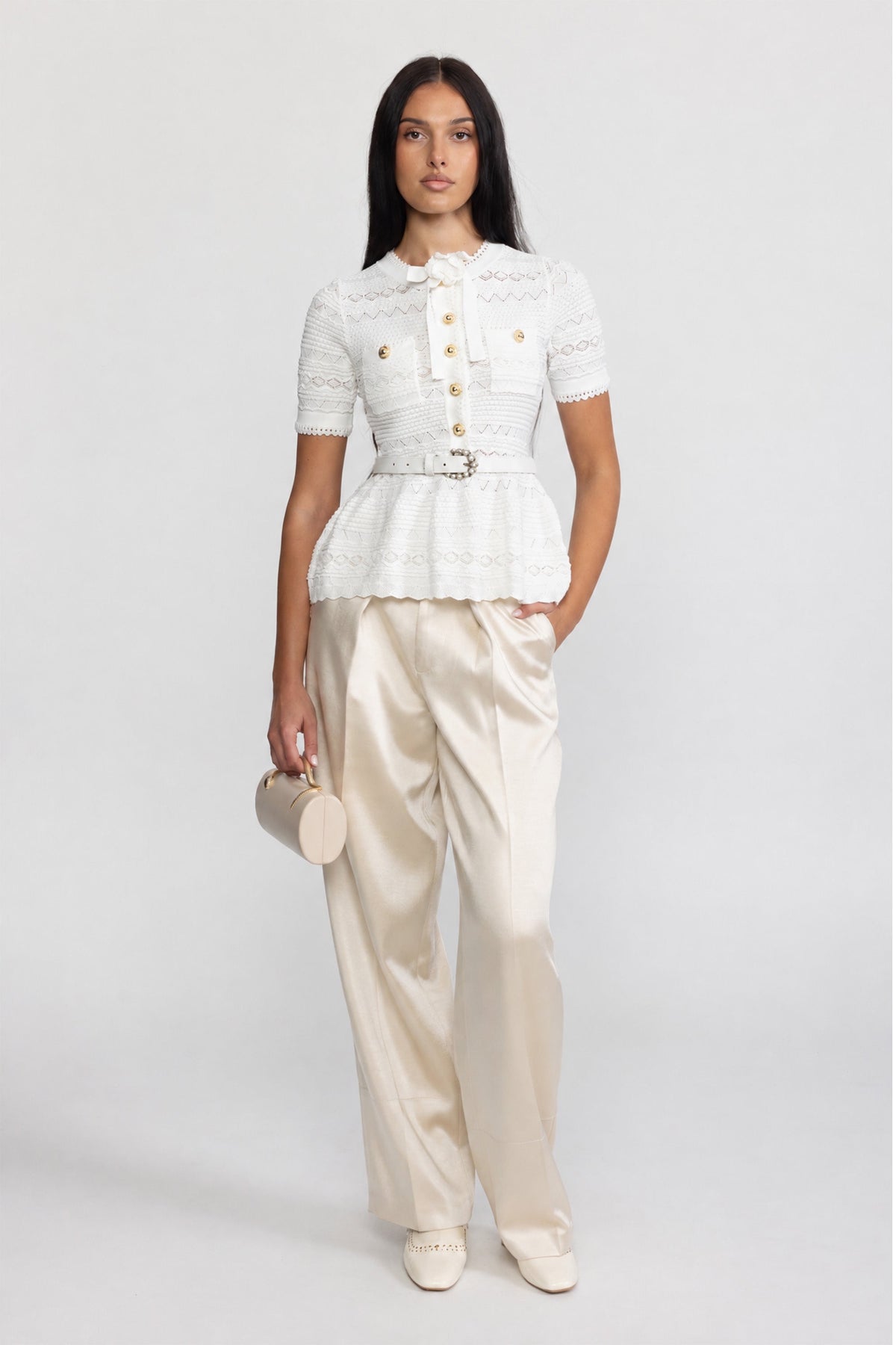 Pointelle Knit Bow Peplum Top - White