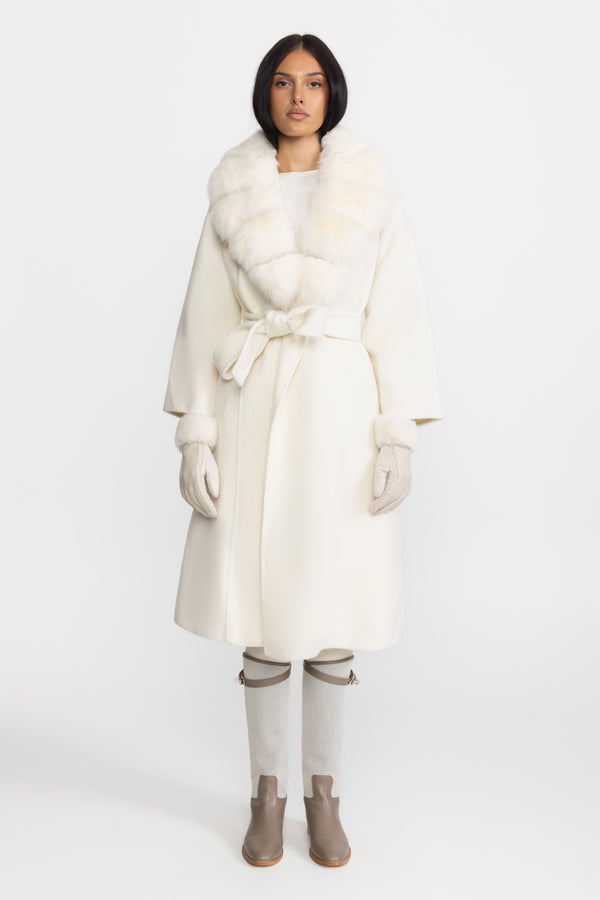 Wool Wrap Coat with Fox Fur Collar And Tie Belt – Ivoire