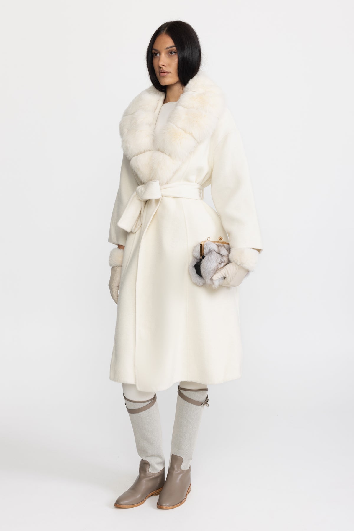 Wool Wrap Coat with Fox Fur Collar And Tie Belt – Ivoire