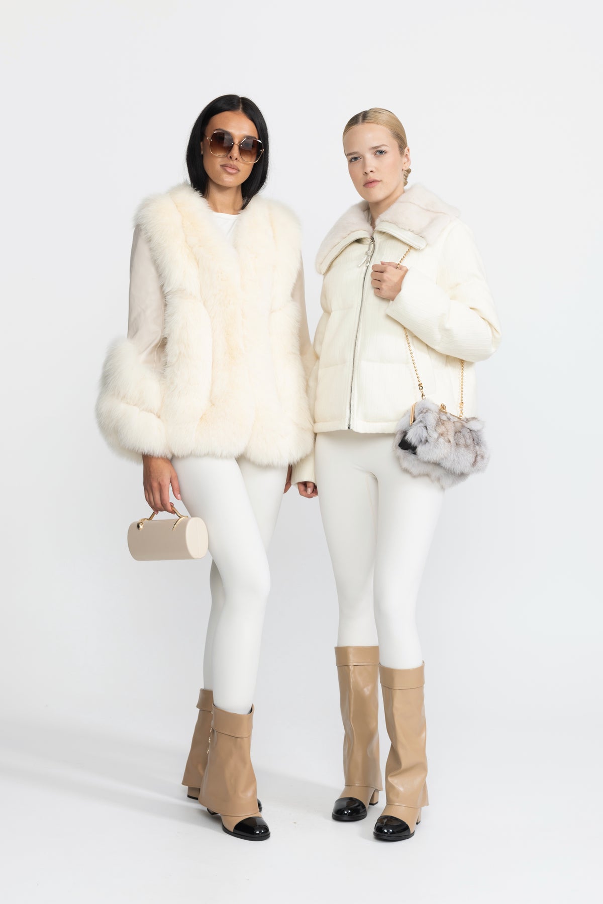Ribbed Cashmere Down Puffer Jacket with Mink Fur Collar - Ivoire