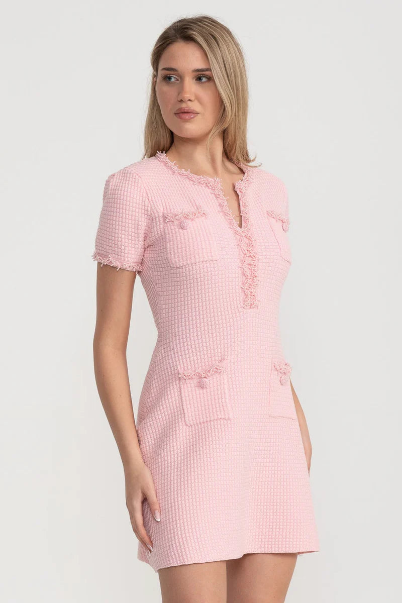 Tweed Mini Dress With Short Sleeves And Buttoned Front Closure - Pink