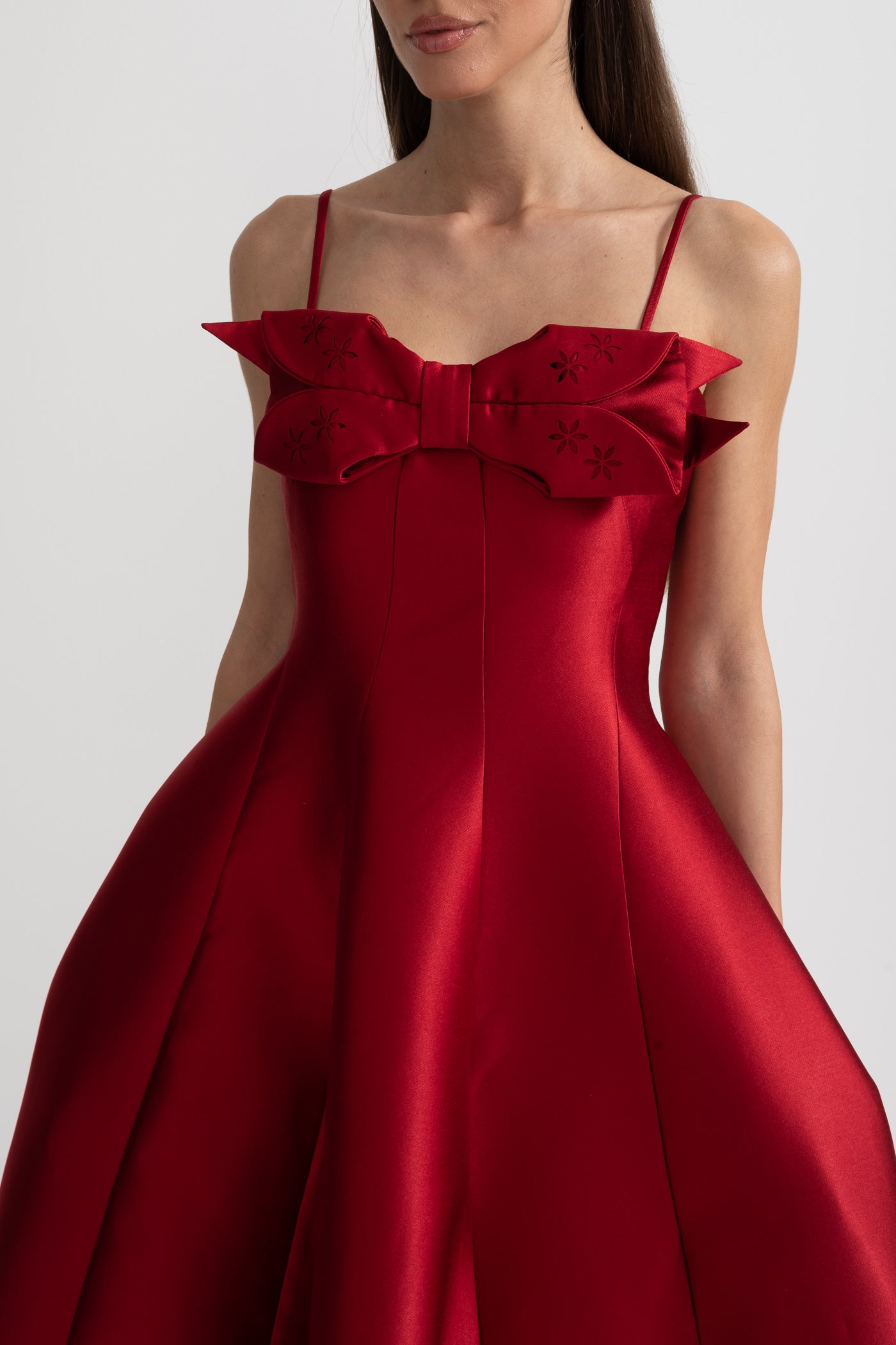 Midi Satin Dress With Fitted Bodice, Delicate Thin Straps And Bow Accent - Red