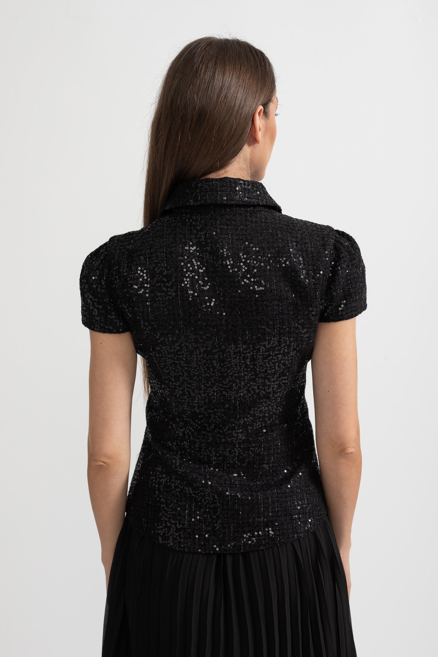 Elegant Dress With Sequined Top And Pleated Skirt - Black