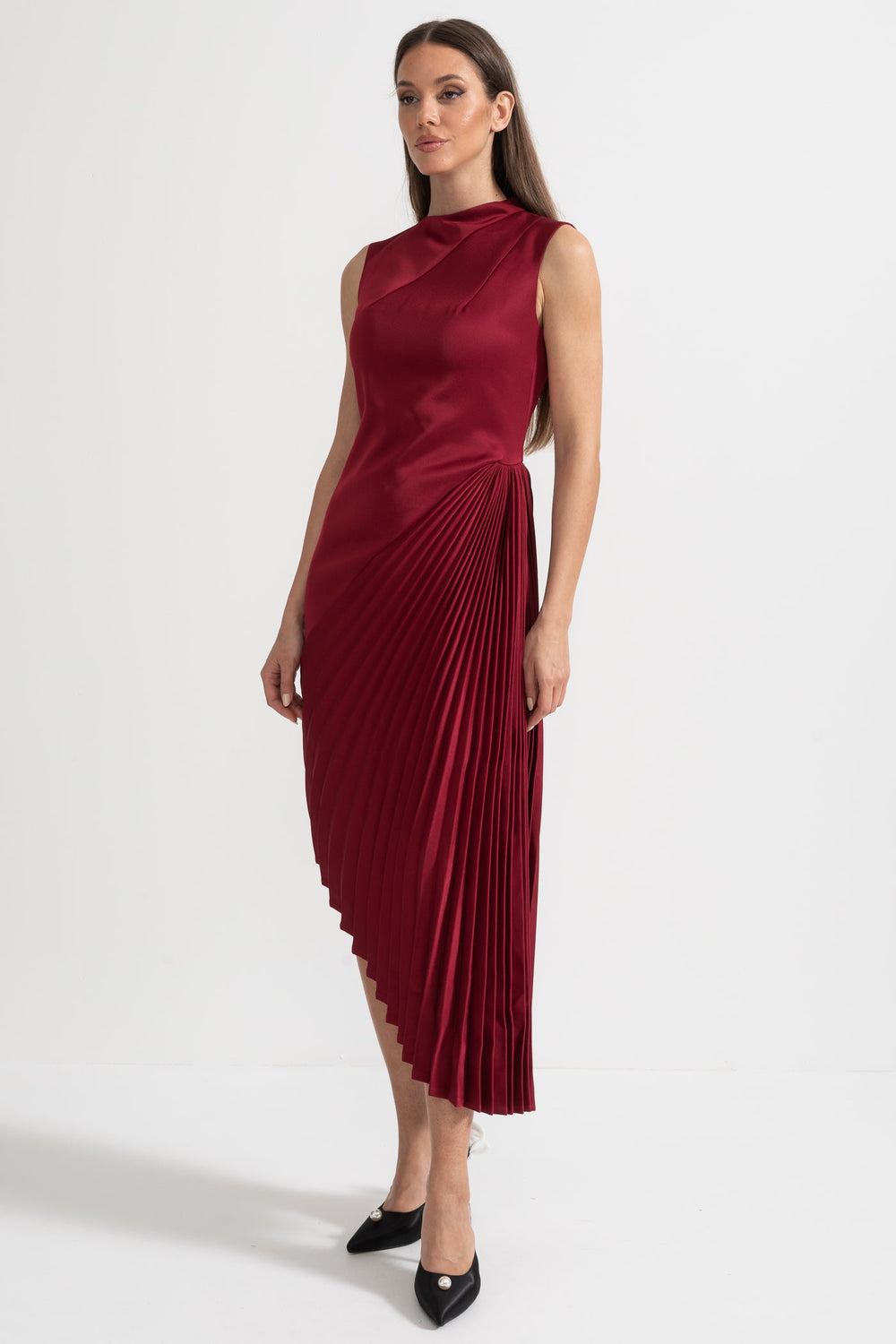 ASYMMETRICAL DRESS IN MINI PLEATED ROUND NECK- Terracotta and collar