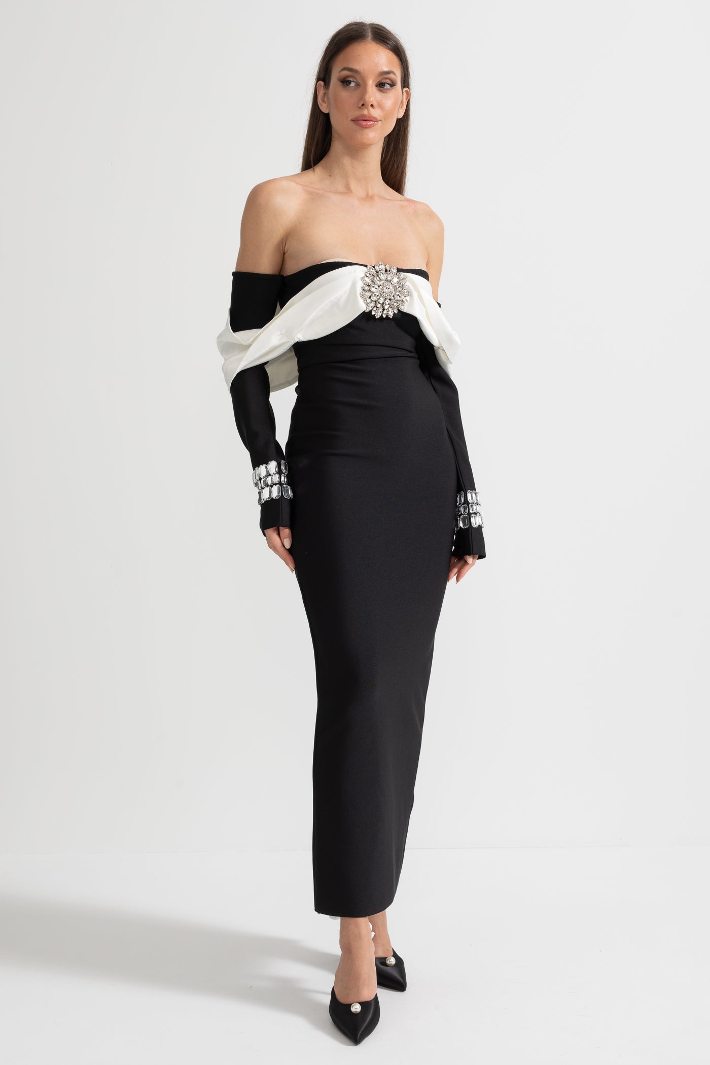 Elegant Off Shoulder Dress With Contrasting Bustier And Sparkling Embellishments - Black