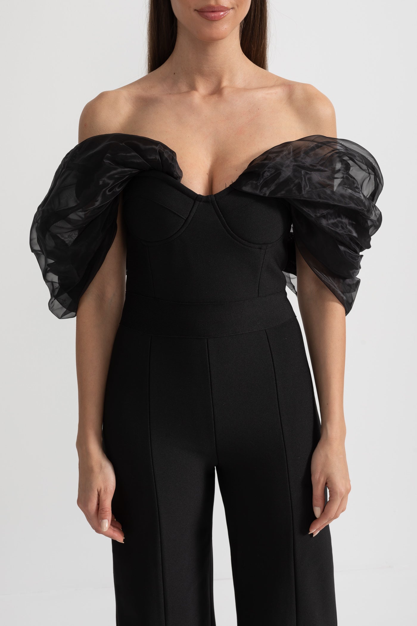 Off-Shoulder Jumpsuit with Draped Sheer Detailing - Black