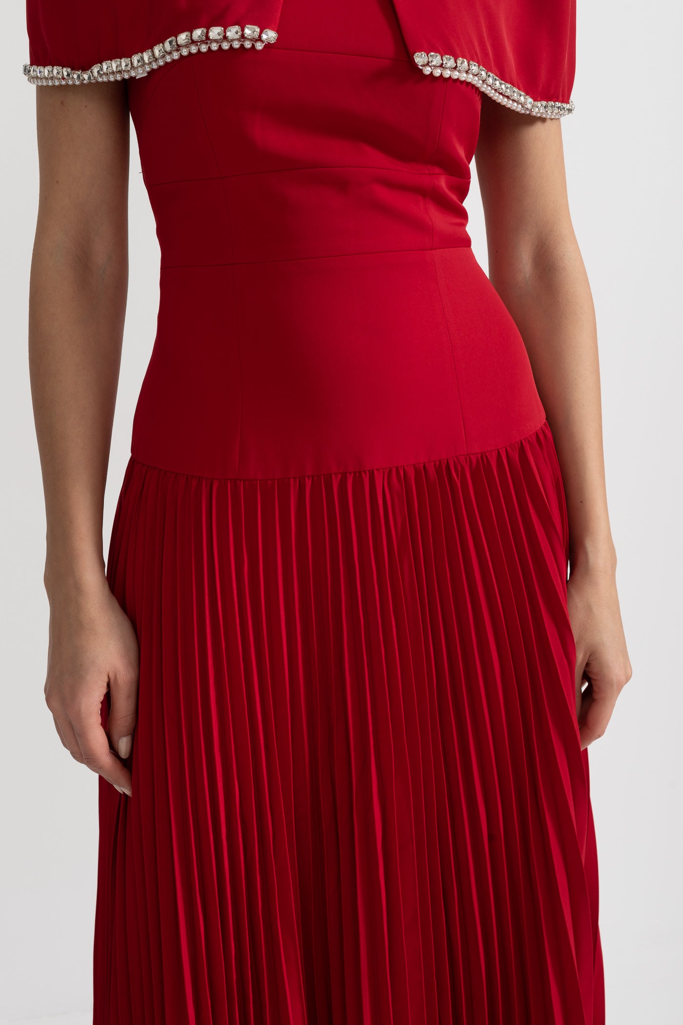 Pleated Midi Dress with Detachable Embellished Shoulder Cape - Red