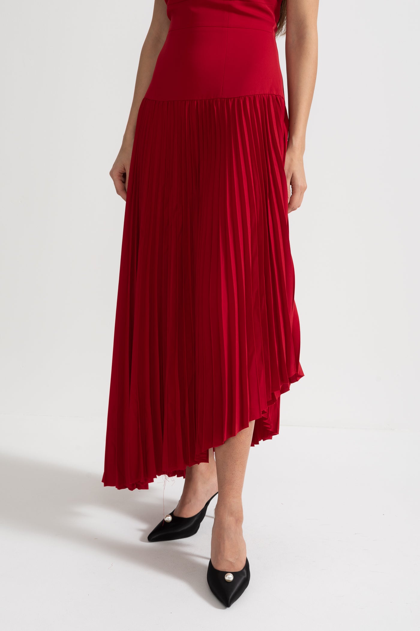 Pleated Midi Dress with Detachable Embellished Shoulder Cape - Red
