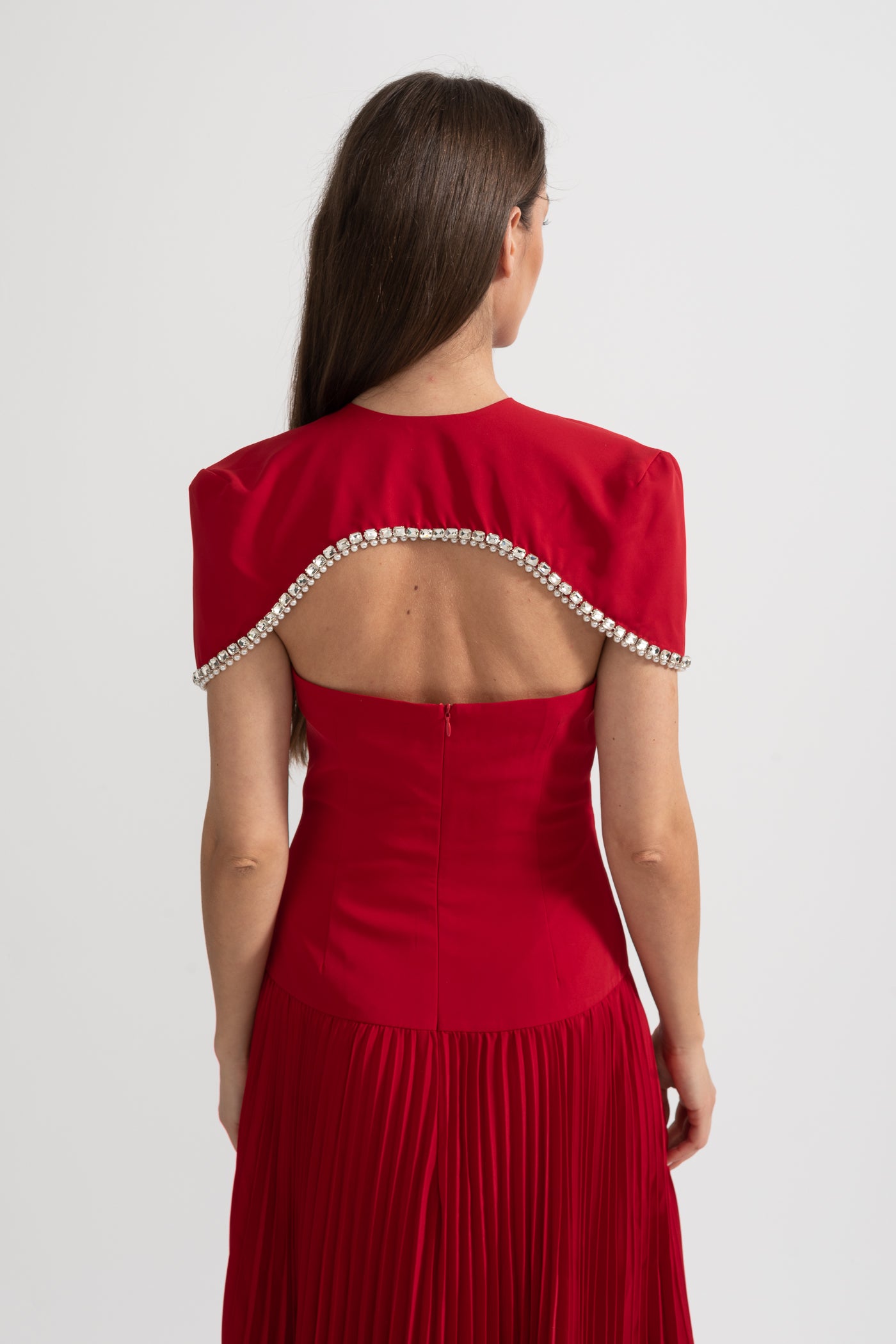 Pleated Midi Dress with Detachable Embellished Shoulder Cape - Red