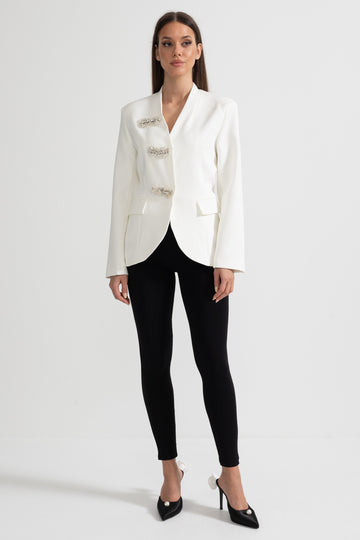 Tailored Blazer With Structured Shoulders And Silver Floral Clasps - White