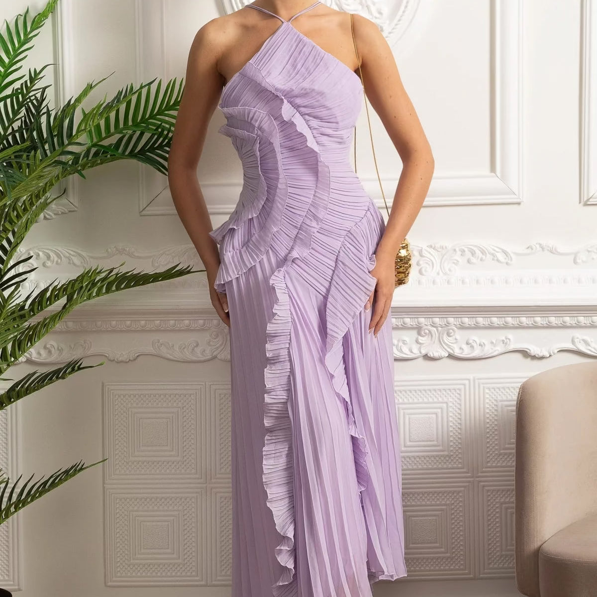 Pleated Halter Midi Dress with Cascading Ruffle Details - Lavender, S Pleated Halter Midi Dress with Cascading Ruffle Details - Lavender, S