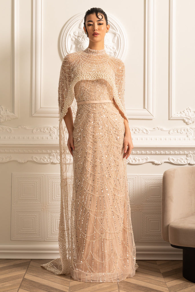 Glamourous Beaded Gown With Detachable Veil - Beige