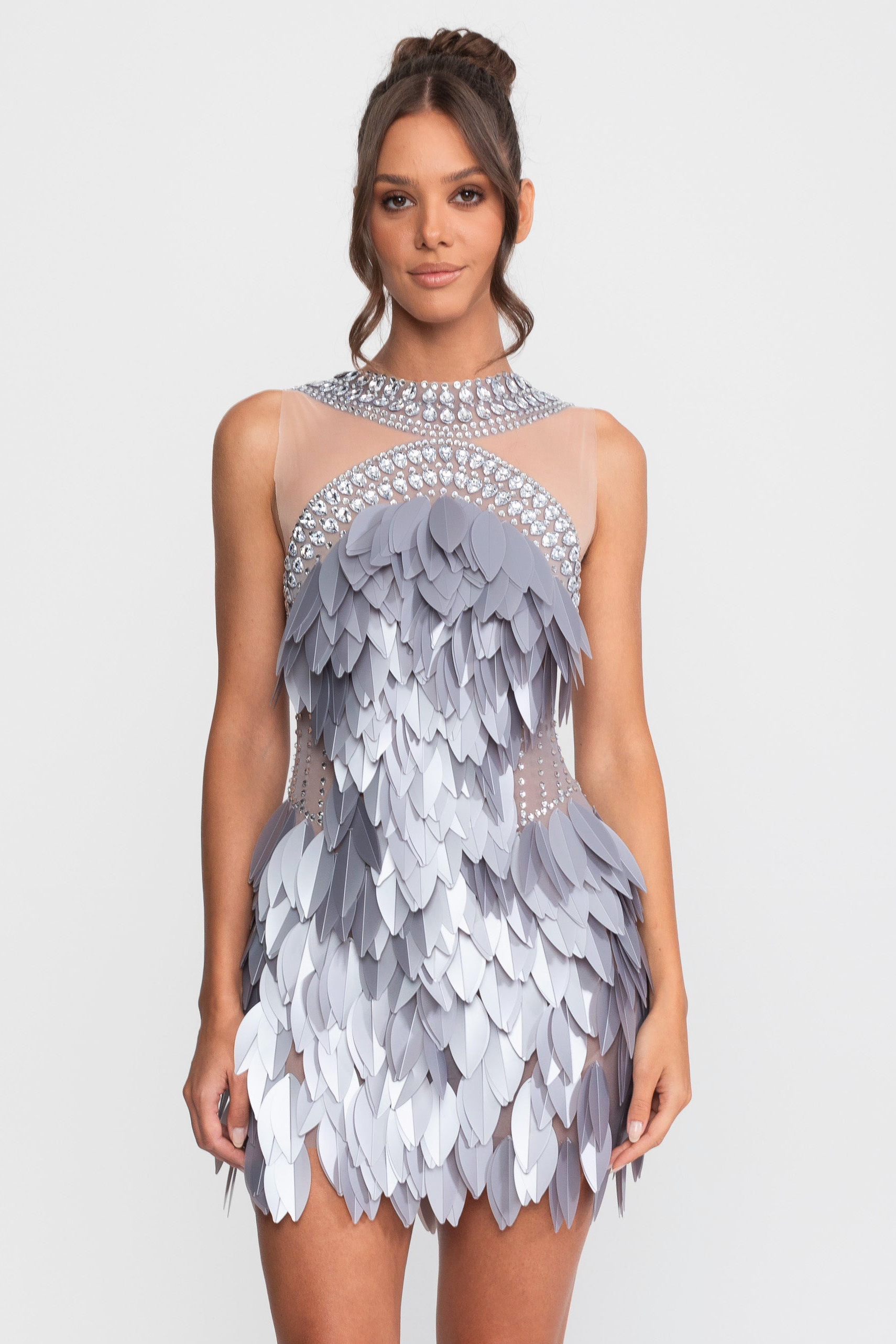 Sleeveless Sheer Mesh Feather-Panel Mini Dress With Crystals  - Gray