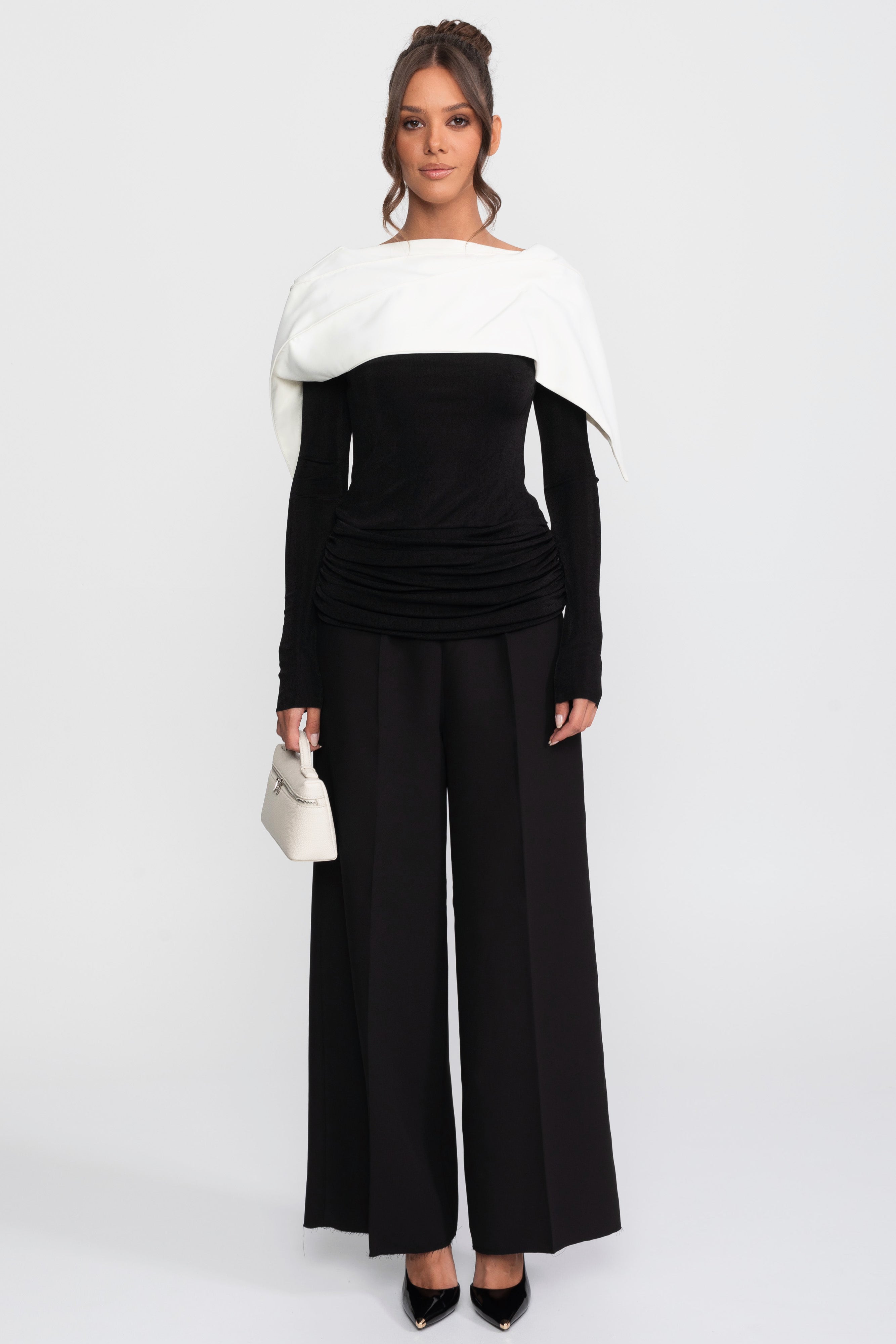 Ruched Wrap Top With Contrasting Cape And Trouser Ensemble - Black