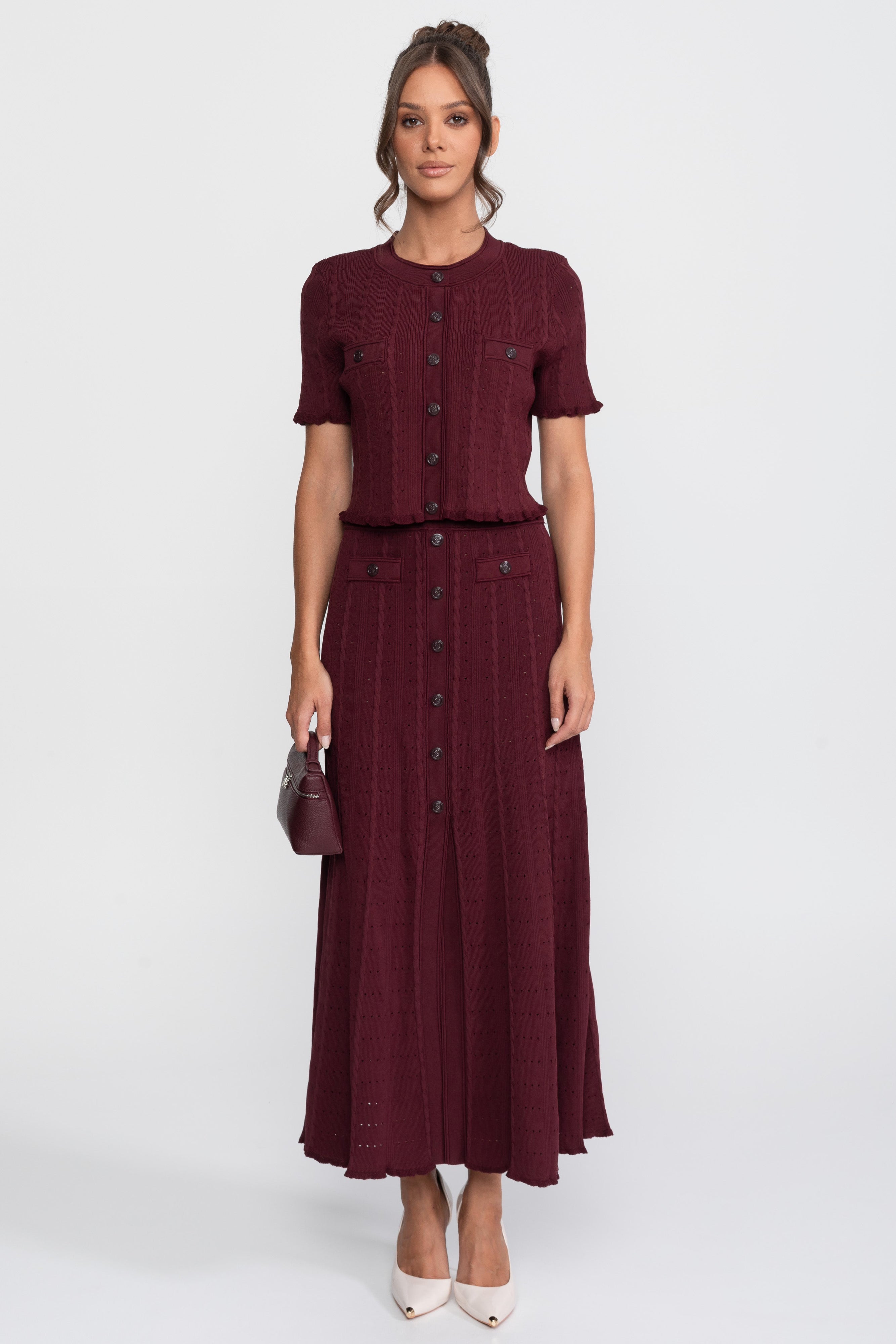 Ribbed Knit Co-Ord Set With Buttoned Front Cardigan And Matching Maxi Skirt - Burgundy