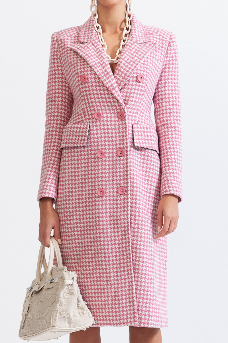Houndstooth Coat with Pointed Shoulders - Pink