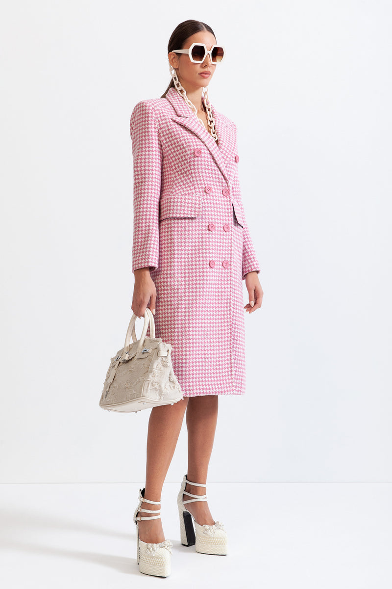 Houndstooth Coat with Pointed Shoulders - Pink