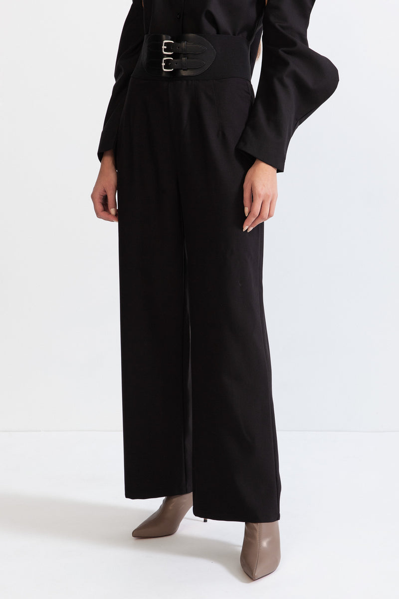 Palazzo Trousers with Belted Waist - Black
