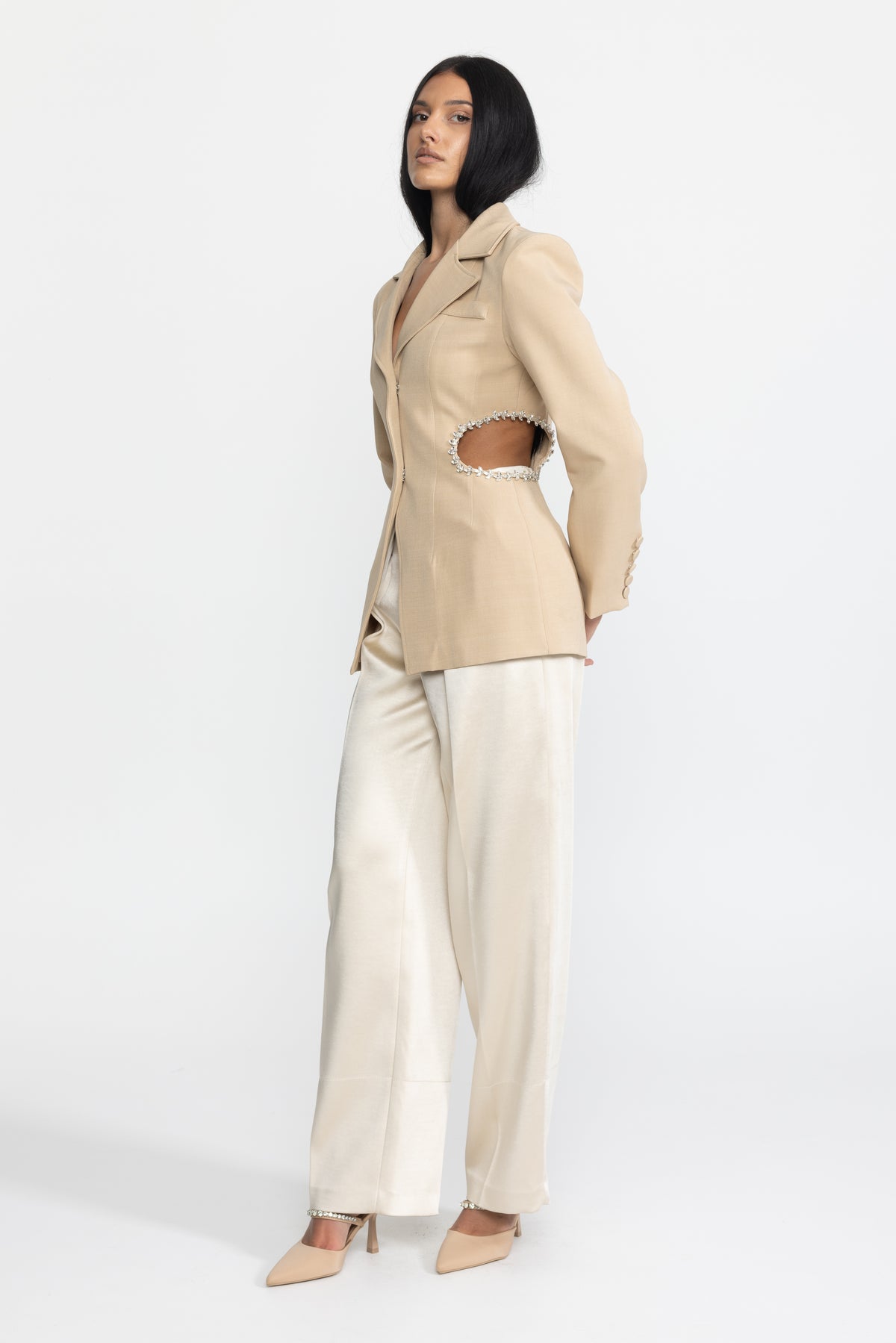 Crystal Trim Cutout Waist Tailored Blazer - Beige