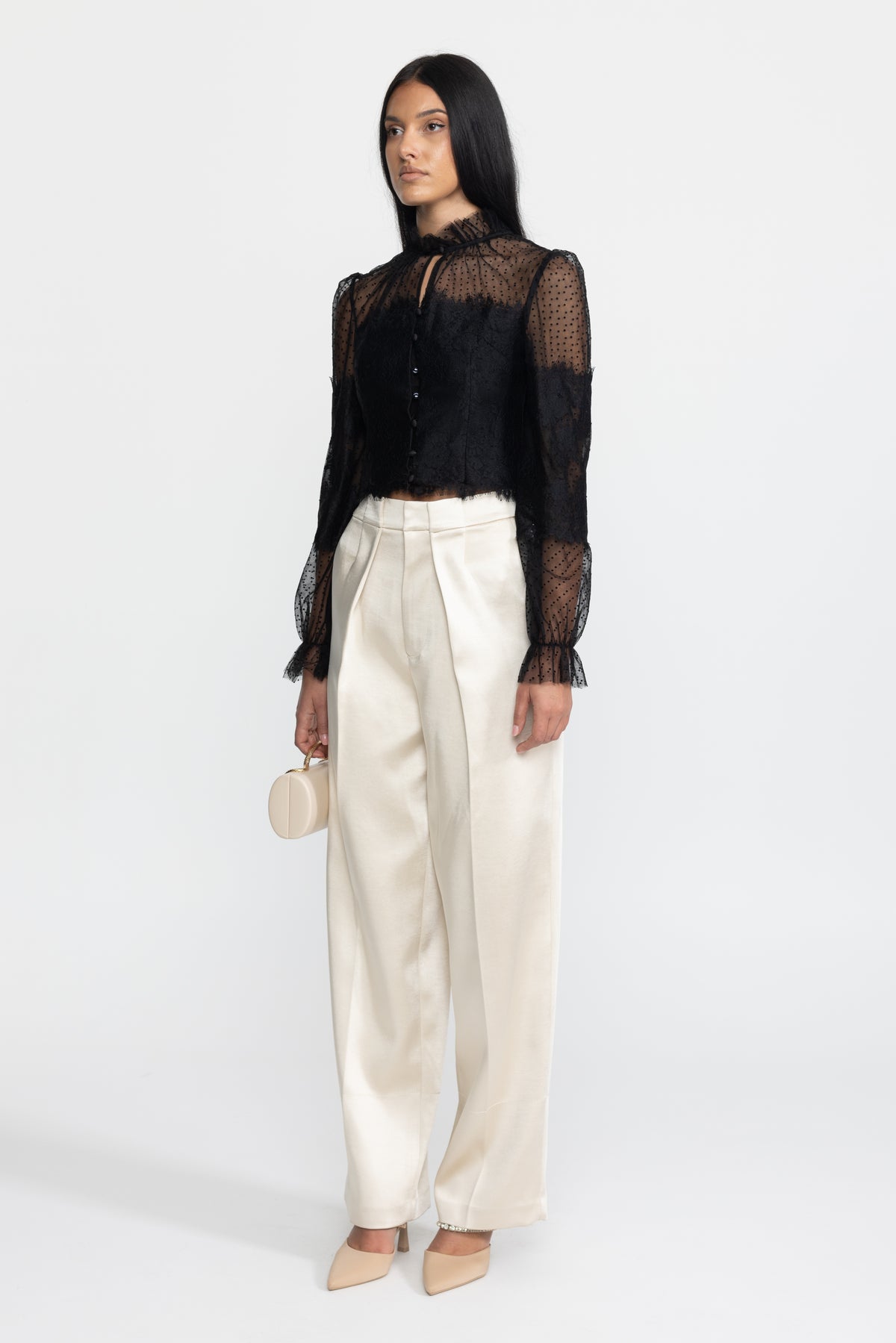 Ruffle Neck Lace and Dot Mesh Cropped Blouse - Black