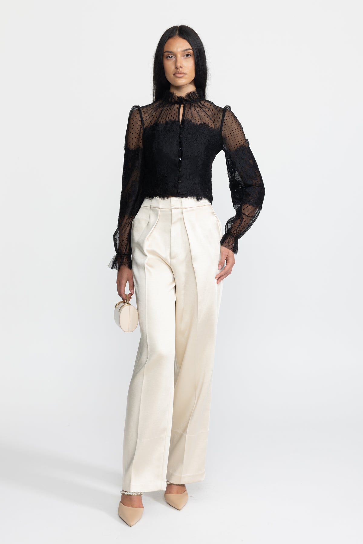 Ruffle Neck Lace and Dot Mesh Cropped Blouse - Black