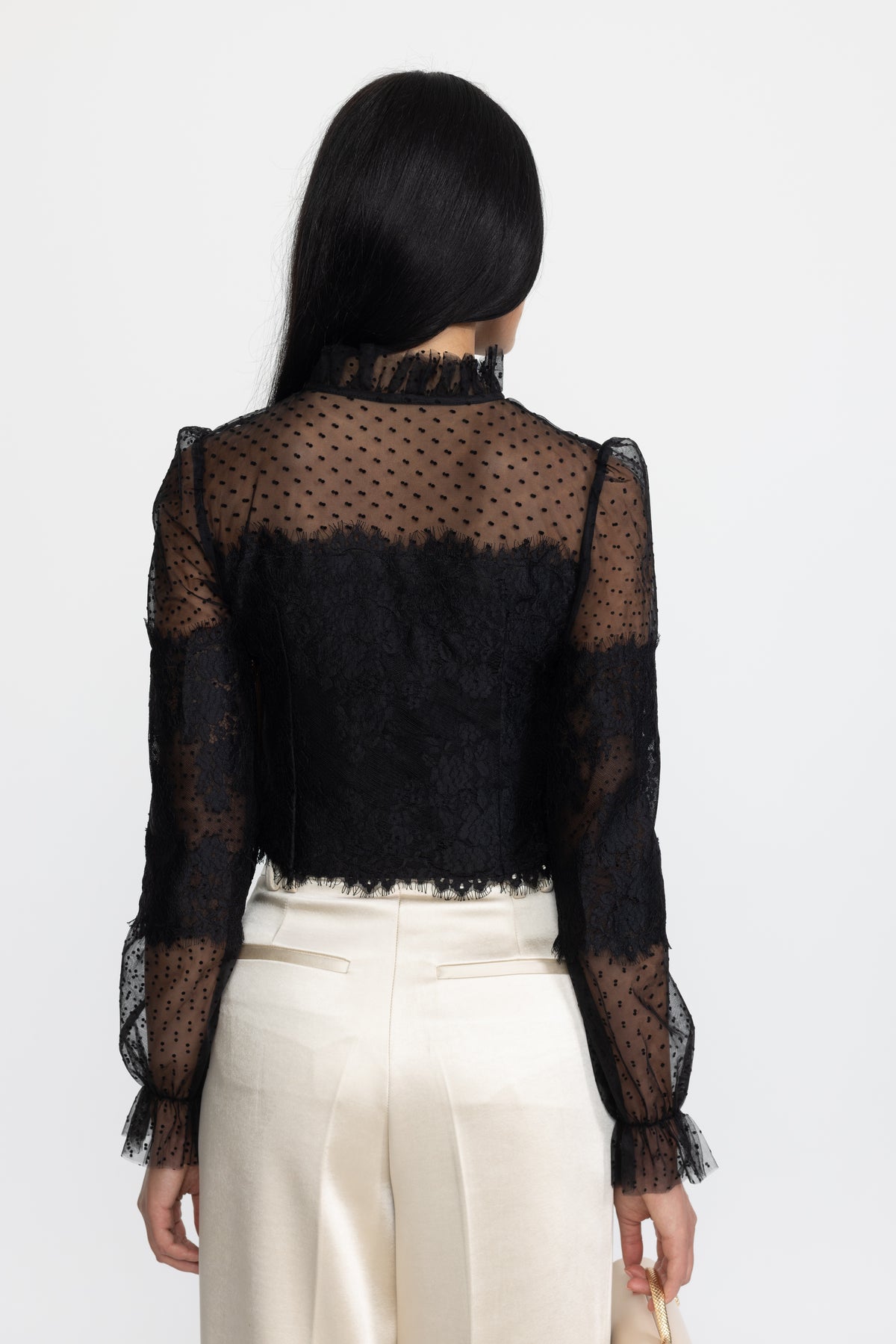 Ruffle Neck Lace and Dot Mesh Cropped Blouse - Black