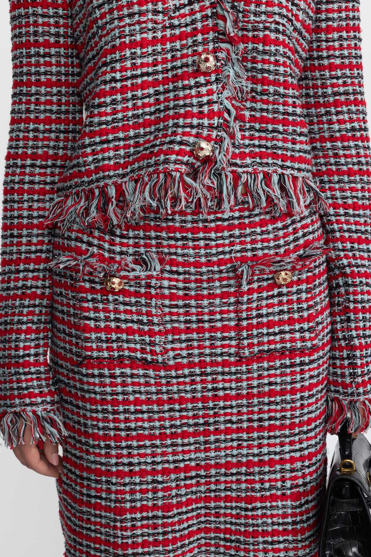 Fringed Tweed Jacket and Midi Skirt Co-ord Set - Red Multi
