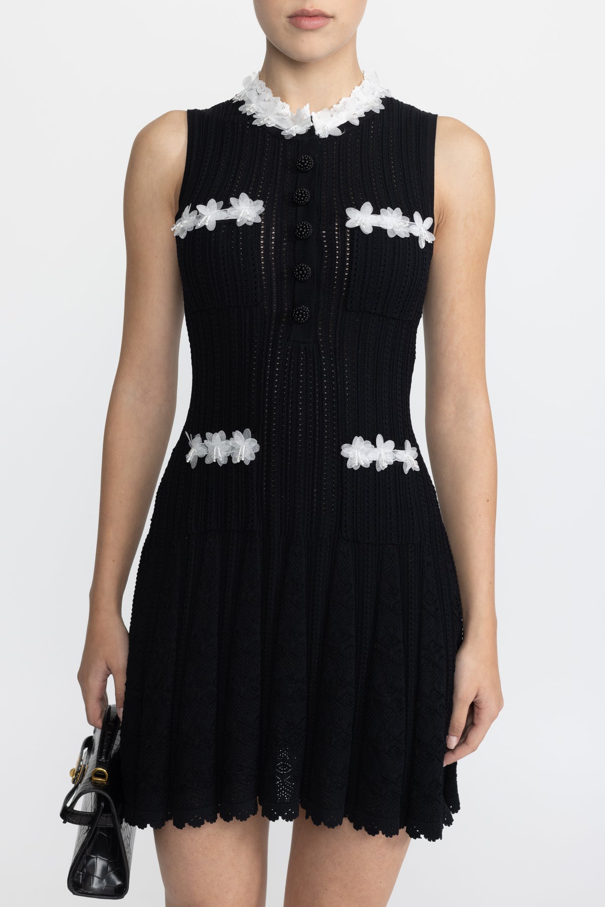 Organza Flower Trim Pointelle Knit Mini Dress - Black