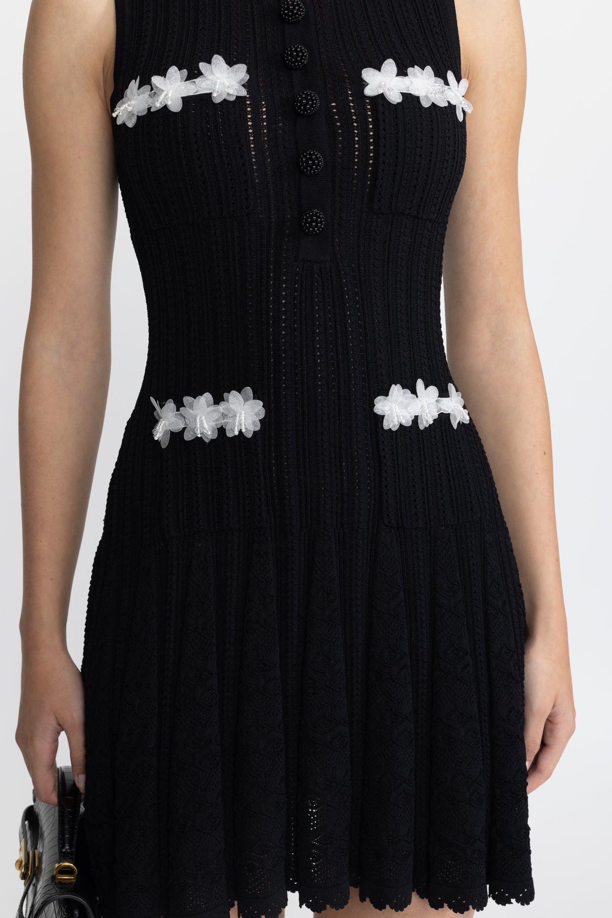 Organza Flower Trim Pointelle Knit Mini Dress - Black