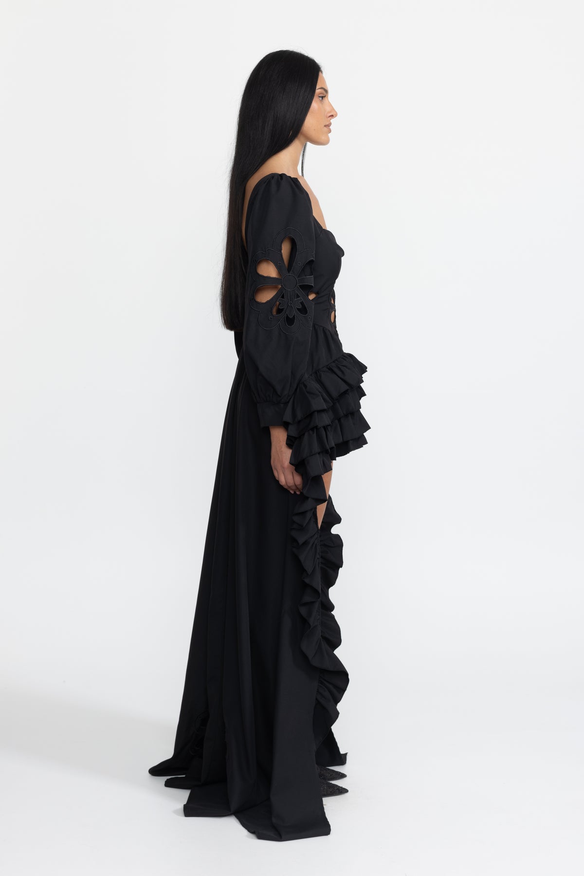 Embroidered Cutout Puff Sleeve High-Low Ruffle Gown - Black