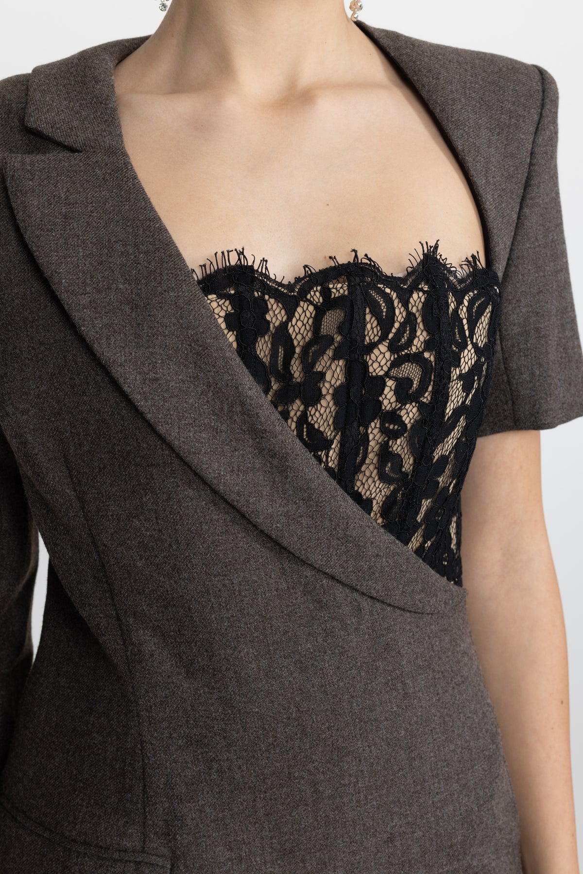 Lace Bustier Asymmetric Blazer Maxi Dress - Charcoal