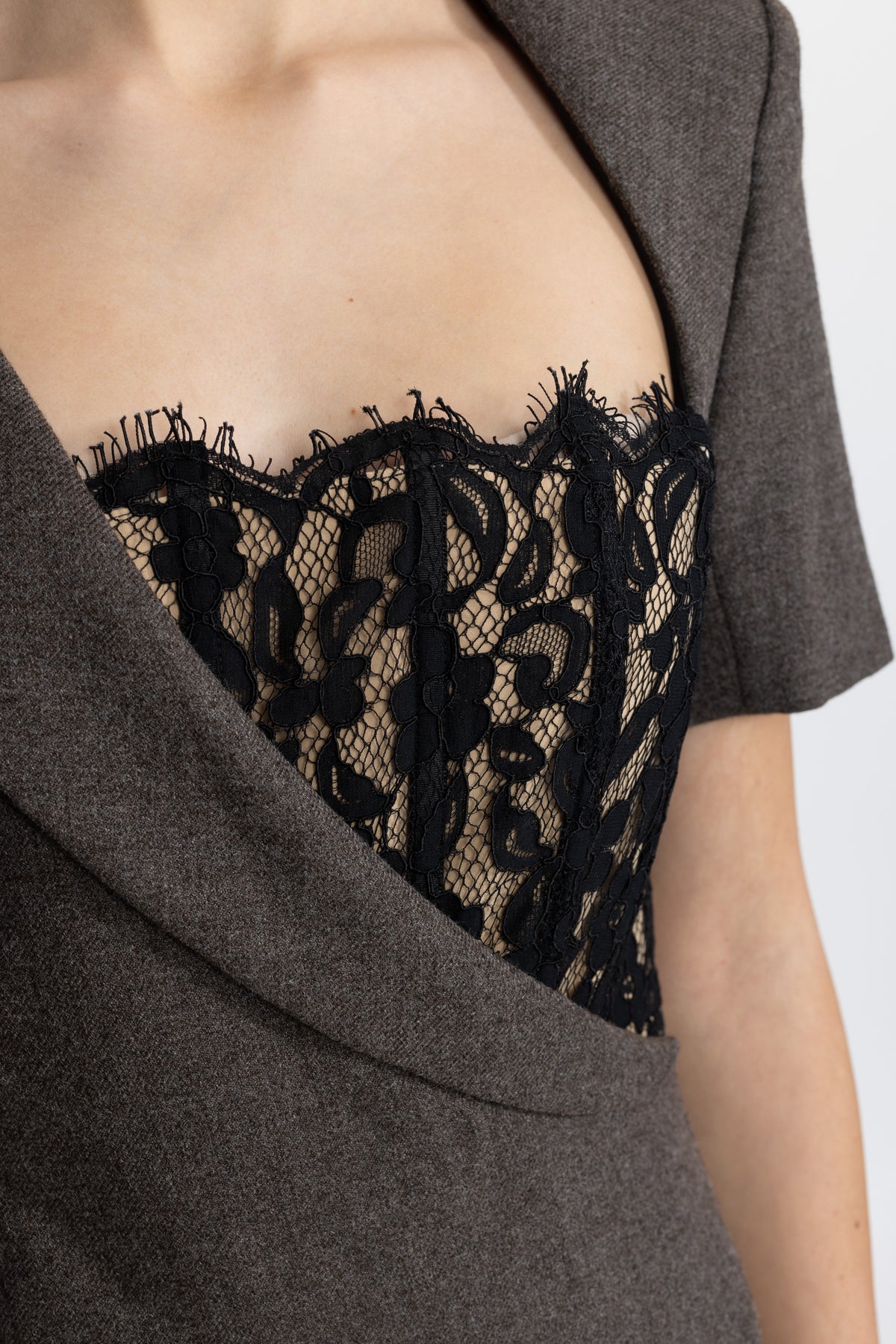 Lace Bustier Asymmetric Blazer Maxi Dress - Charcoal