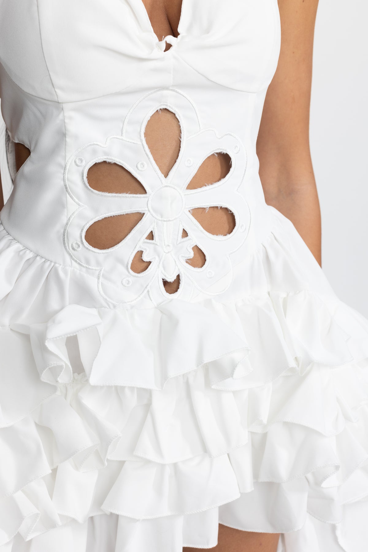 Embroidered Flower Cutout Ruffle Mini Dress - White