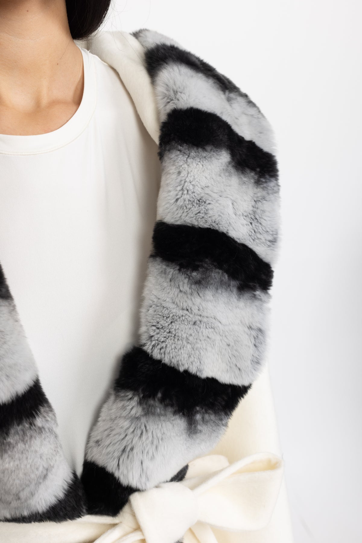 Rex Rabbit Fur Trim Hooded Wool Wrap Coat - Ivoire