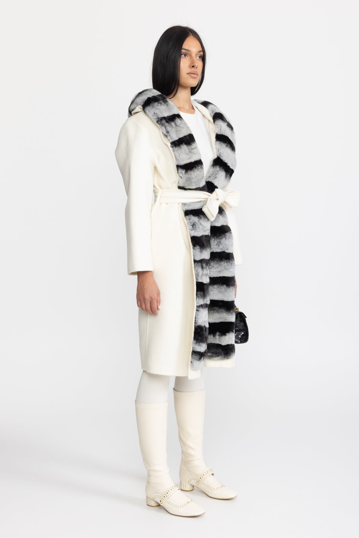 Rex Rabbit Fur Trim Hooded Wool Wrap Coat - Ivoire