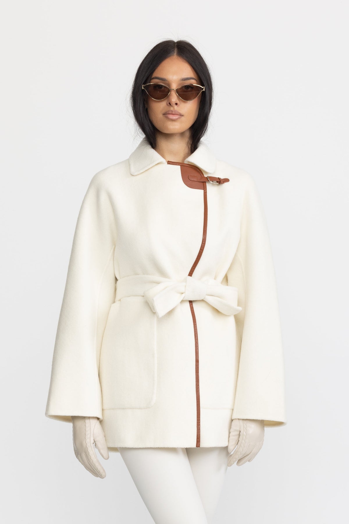 Faux Leather Trim Belted Wool Jacket - Off-White