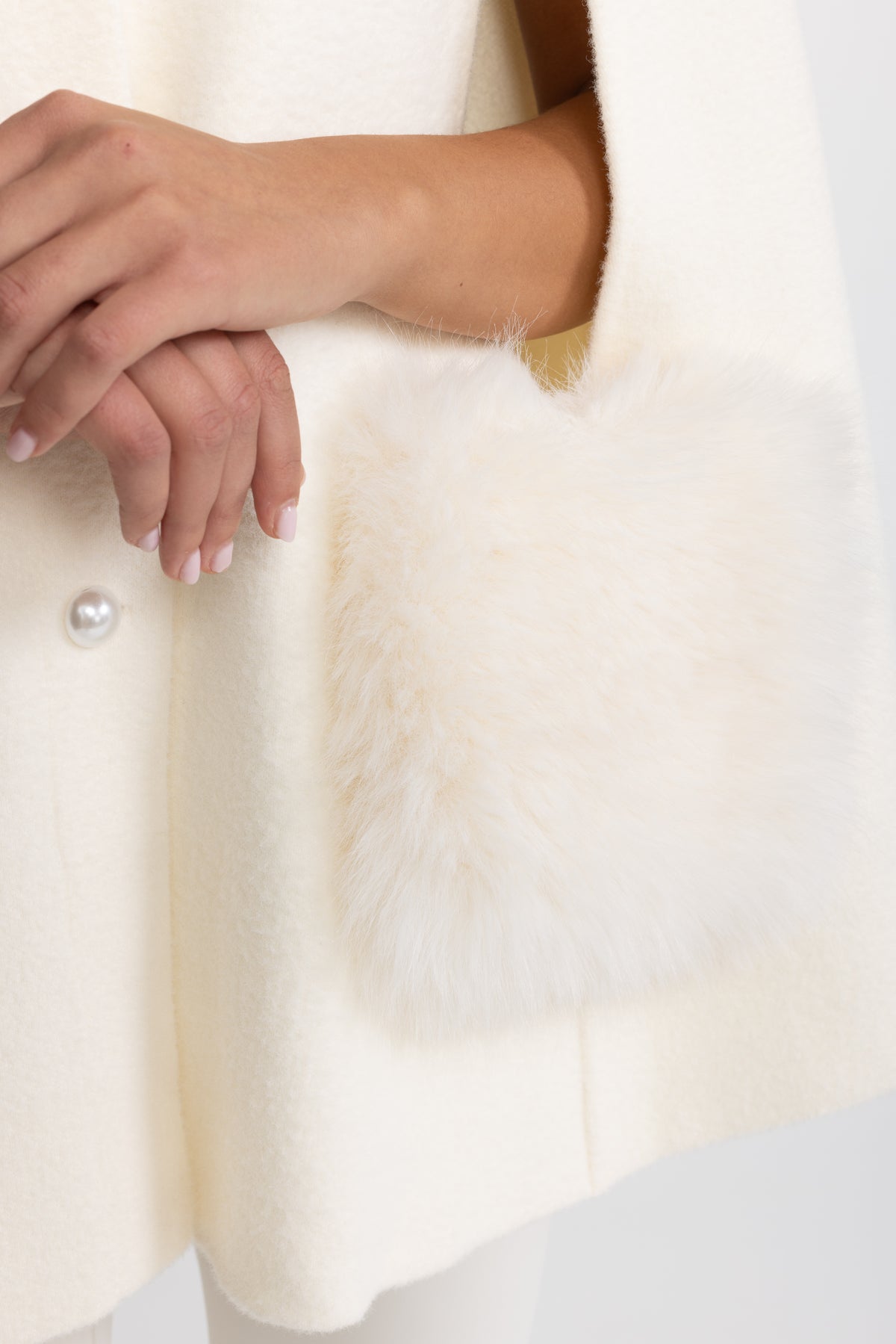 Pearl Embellished Collar Cape with Faux Fur Pockets - Ivoire
