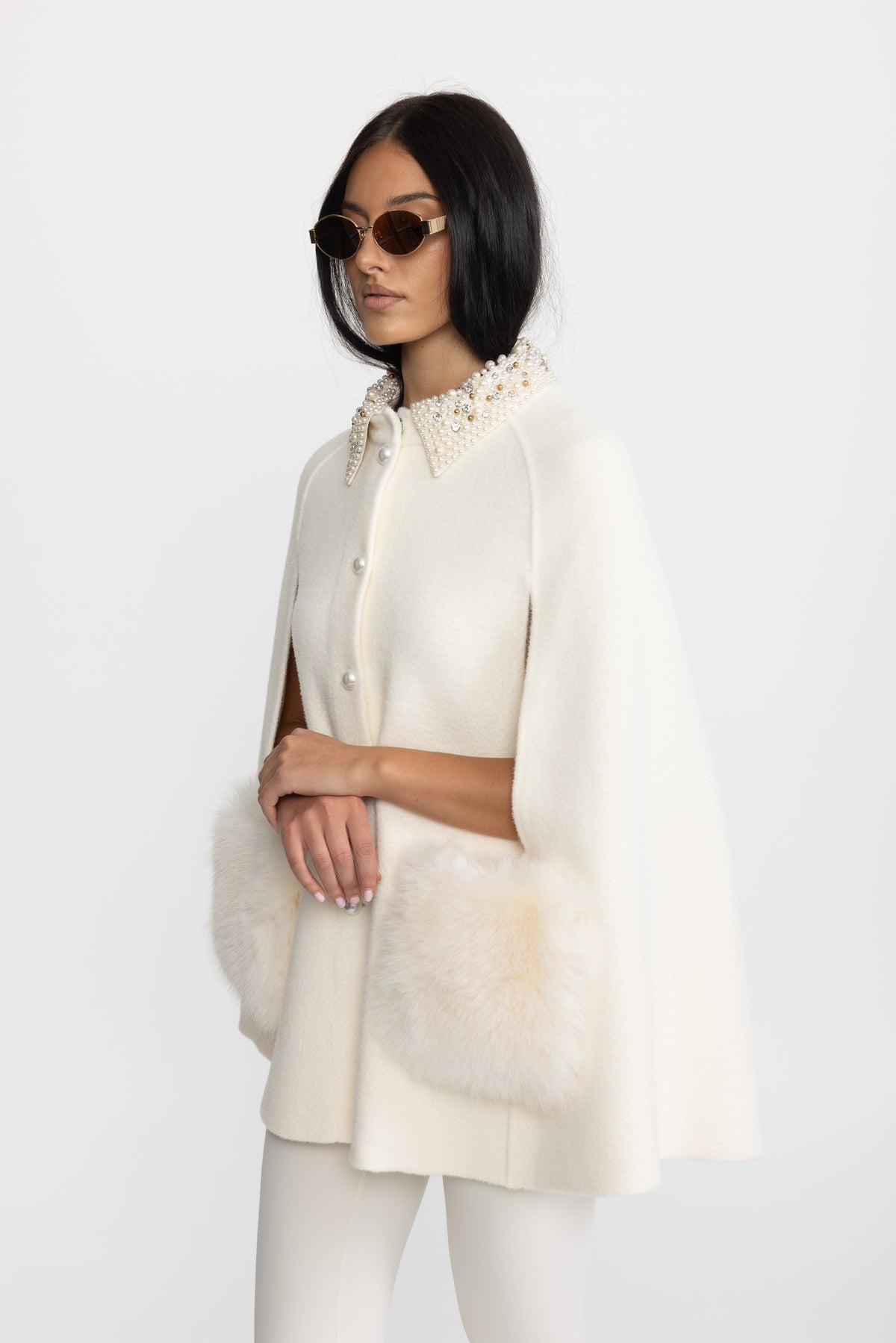 Pearl Embellished Collar Cape with Faux Fur Pockets - Ivoire