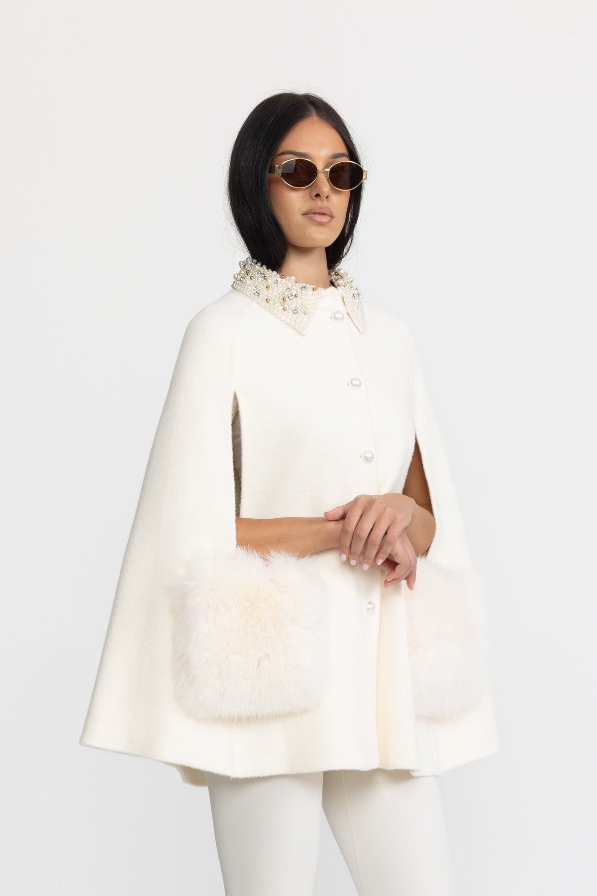 Pearl Embellished Collar Cape with Faux Fur Pockets - Ivoire