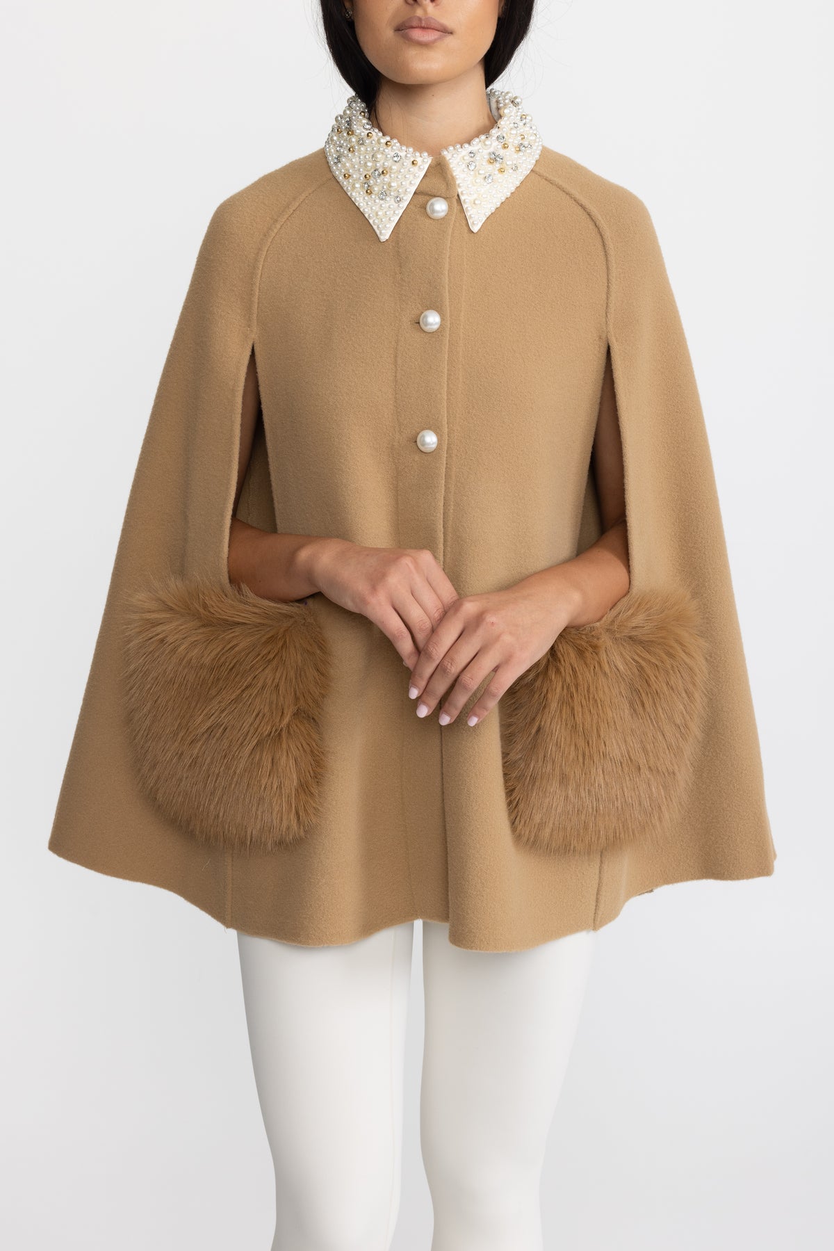 Pearl Embellished Collar Cape with Faux Fur Pockets - Camel