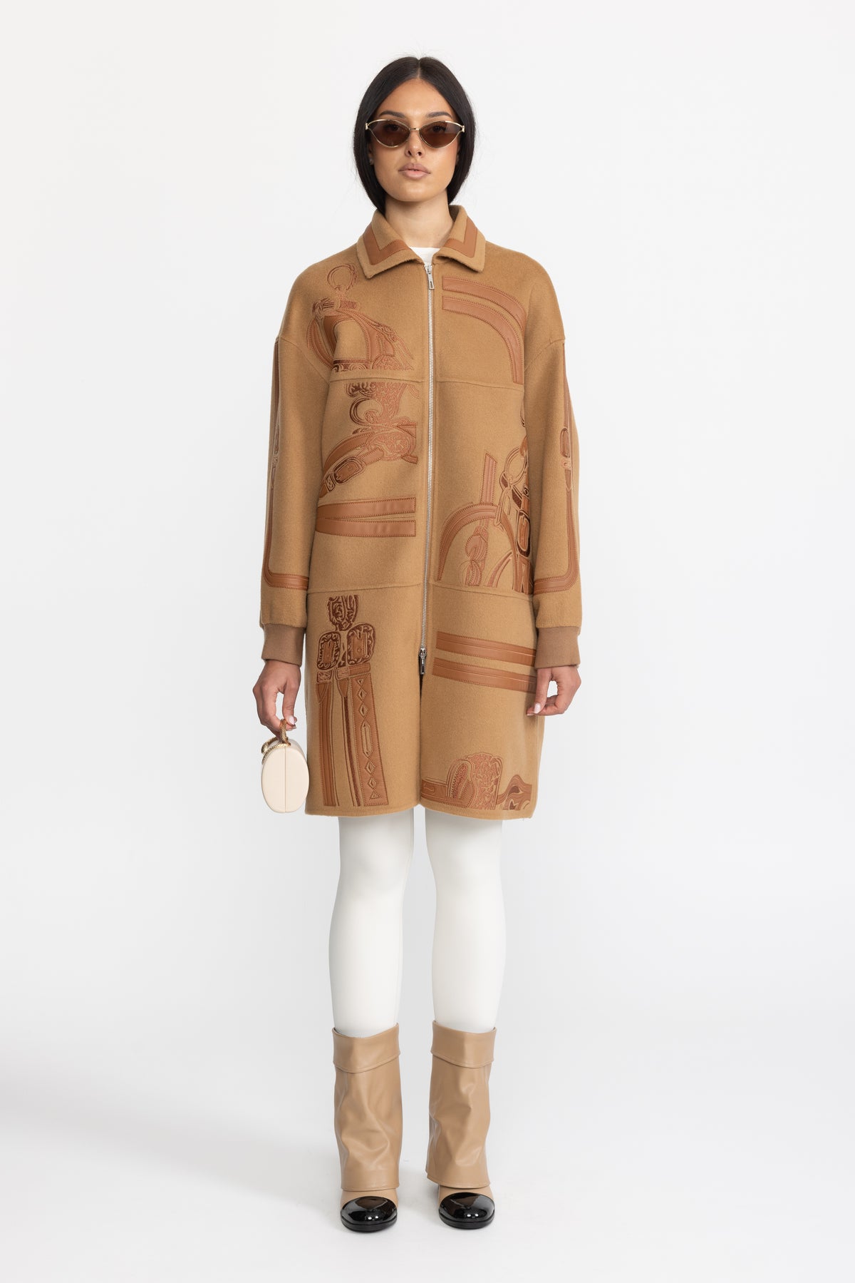 Equestrian Applique Embroidered Wool Zip Coat - Camel