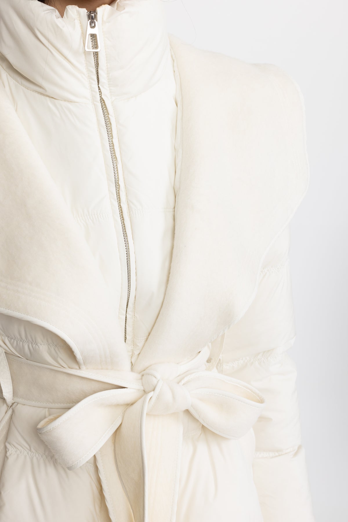 Draped Collar Belted Down Jacket with Plush Cuffs - Ivoire