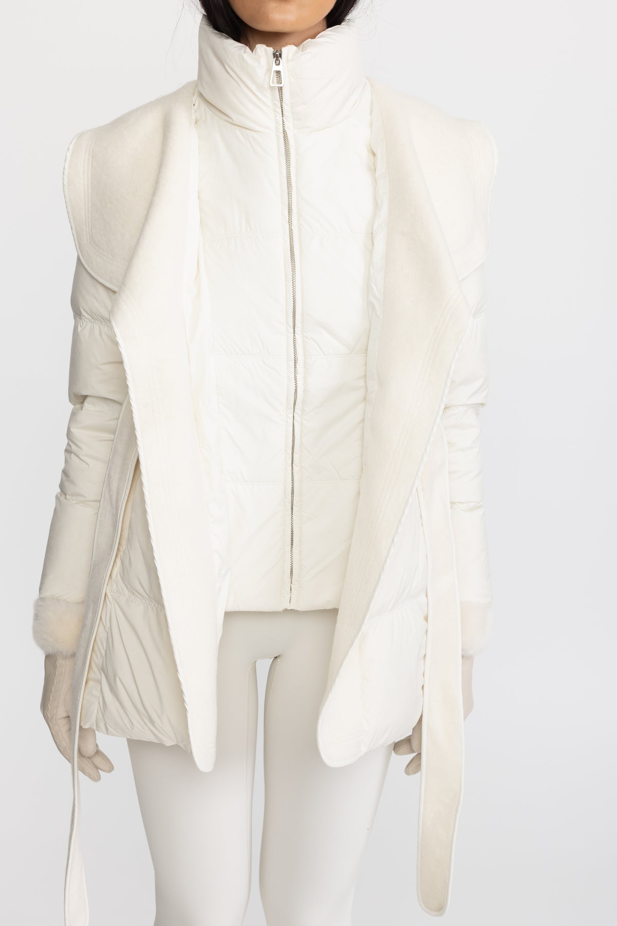 Draped Collar Belted Down Jacket with Plush Cuffs - Ivoire