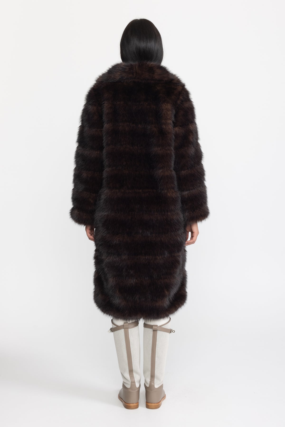 Fur-Effect Panelled Longline Coat - Chocolate