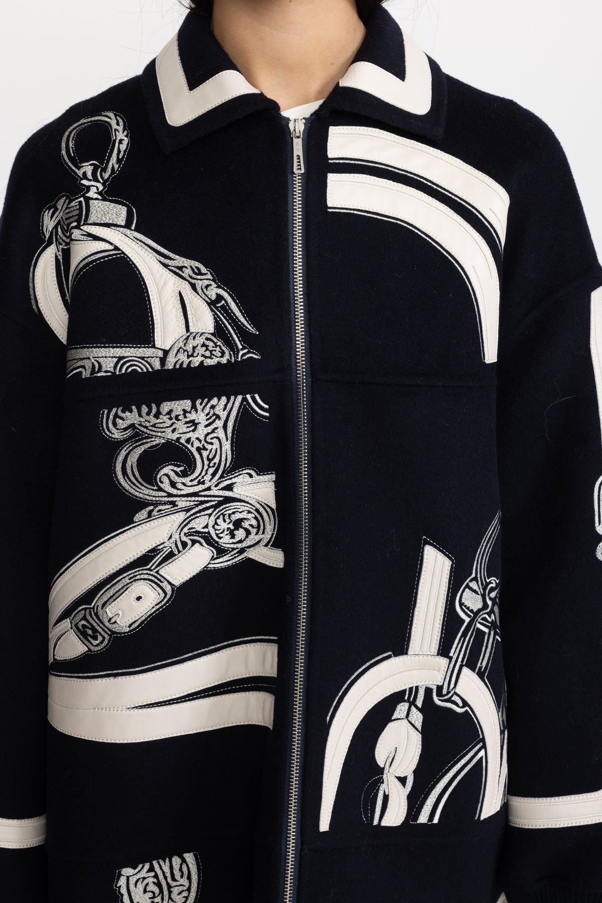 Equestrian Applique Embroidered Wool Zip Coat - Navy