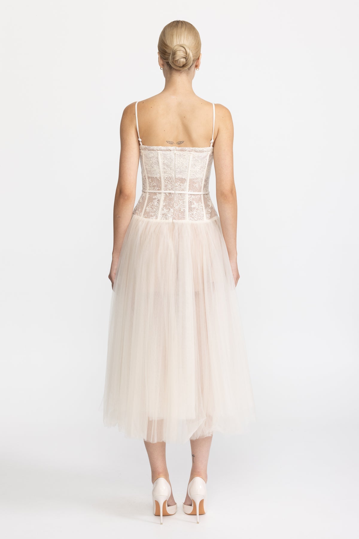 Lace Corset Tulle Midi Dress - Beige
