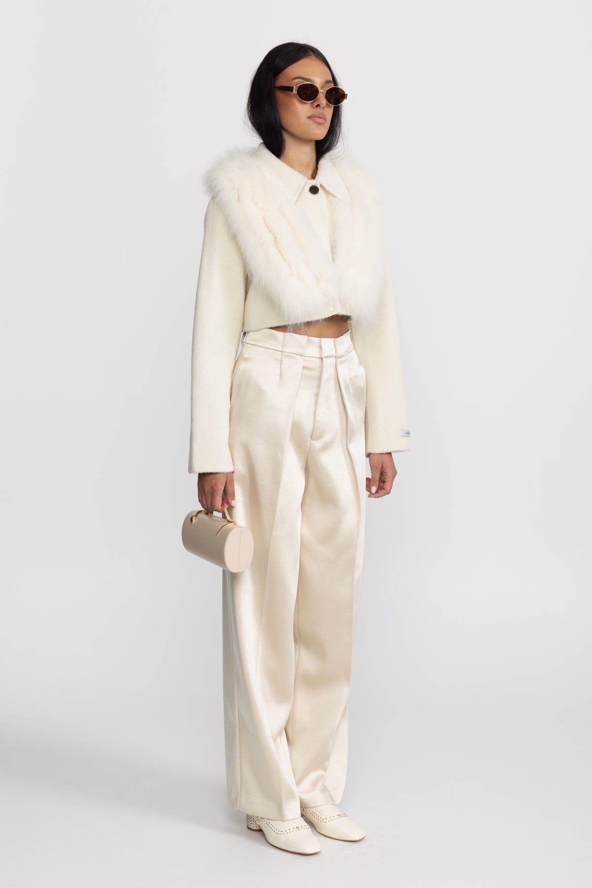 Wool Cropped Jacket with Fox Fur Collar – Ivoire
