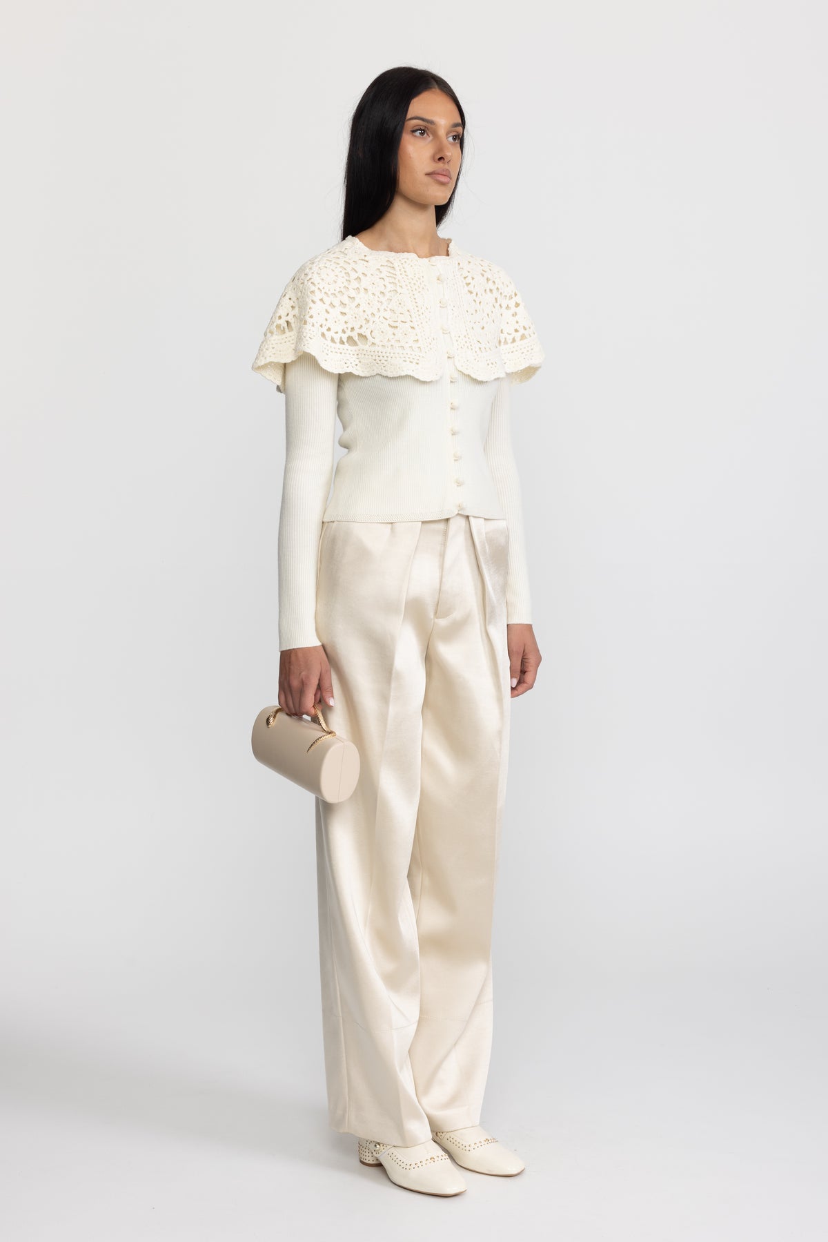 Crochet Capelet Collar Rib Knit Cardigan - Ivoire